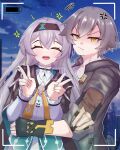  1boy 1girl absurdres anger_vein battery_indicator caelus_(honkai:_star_rail) closed_eyes dr.kira fingerless_gloves firefly_(honkai:_star_rail) gloves grey_hair hairband highres honk honkai:_star_rail honkai_(series) hug jacket sailor_collar smile trailblazer_(honkai:_star_rail) v viewfinder 