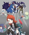  alakazam bat_wings bowing claws clenched_hand commentary_request crobat fang feraligatr fingerless_gloves gengar gloves grey_background leg_grab magneton male_focus multiple_views official_alternate_costume okiza_yuuri pokemon pokemon_(creature) pokemon_hgss pokemon_masters_ex redhead silver_(pokemon) silver_(sygna_suit)_(pokemon) sneasel standing tail wings 