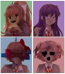  4girls :d ^_^ averting_eyes blue_background blush border bow brown_hair brown_vest chiimako closed_eyes closed_mouth collared_shirt commentary_request doki_doki_literature_club dress_shirt eyelashes fang glitch green_background green_eyes grey_jacket hair_between_eyes hair_bow hair_intakes hair_ornament hair_ribbon hairclip hand_up hands_up hanged high_ponytail horror_(theme) interlocked_fingers jacket lapels long_hair long_sleeves looking_at_viewer monika_(doki_doki_literature_club) multiple_girls natsuki_(doki_doki_literature_club) neck_ribbon open_mouth own_hands_together pink_background pink_eyes pink_hair ponytail purple_background purple_hair raised_eyebrows red_bow red_ribbon ribbon sayori_(doki_doki_literature_club) school_uniform shirt short_hair sidelocks sideways_glance simple_background smile spoilers striped_background sweater_vest swept_bangs teeth two_side_up upper_body upper_teeth_only v-shaped_eyebrows vest violet_eyes white_border white_bow white_shirt wing_collar x_hair_ornament yuri_(doki_doki_literature_club) 
