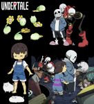  1other 2boys =_= alternate_costume androgynous annoying_dog barefoot black_background black_shorts blue_overalls bone box brothers brown_hair can cape cardboard_box cel_shading child closed_eyes commentary_request copyright_name crack drawstring flower flowey_(undertale) full_body gloves grin hand_on_own_knee hands_in_pockets highres holding holding_bone holding_skull hood hood_down hooded_jacket jacket junkyard kamezaemon leaning_forward monitor multiple_boys multiple_views open_clothes open_jacket open_mouth overalls papyrus_(undertale) pink_footwear red_cape red_footwear red_gloves romper sans shirt short_hair short_sleeves shorts siblings sideways_glance simple_background skeleton skull slippers smile socks sparkle squatting standing stuffed_animal stuffed_rabbit stuffed_toy sweat tire trash trash_bag trash_can undertale wading wheel white_shirt white_socks yellow_flower 