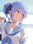  1girl :d arm_at_side bag blue_eyes blue_hair blue_neckerchief blue_ribbon blue_sailor_collar blush carrying_over_shoulder grin hair_between_eyes hair_ornament hair_ribbon highres hololive hoshimachi_suisei long_hair looking_to_the_side neckerchief open_mouth ribbon sailor_collar school_bag school_uniform serafuku shirt side_ponytail sidelocks smile solo star_(symbol) star_hair_ornament teeth virtual_youtuber white_shirt yamaki_(yamaki801) 