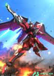  clenched_hand copyright_name explosion flying from_below green_eyes gun gundam gundam_arsenal_base gundam_seed gundam_seed_freedom holding holding_gun holding_weapon immortal_justice_gundam logo mecha mechanical_wings no_humans official_art robot science_fiction serike_w sky v-fin weapon wings 
