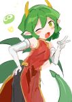  1girl china_dress chinese_clothes draco_centauros dragon_girl dragon_tail dragon_wings dress elbow_gloves fang gloves green_hair green_wings hand_on_own_hip highres horns looking_at_viewer one_eye_closed open_mouth pointy_ears puyo_(puyopuyo) puyopuyo red_dress simple_background solo tail tenpibo_ramune v white_background white_gloves wings yellow_eyes yellow_horns 