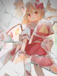 1girl ascot blonde_hair bow broken_mirror chicachang crystal flandre_scarlet full_body hat hat_ribbon highres mirror mob_cap one_side_up puffy_short_sleeves puffy_sleeves red_eyes ribbon short_sleeves side_ponytail skirt solo touhou