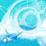  blue_sky clouds cloudy_sky flying highres horizon latios motion_lines no_humans ocean outdoors pokemon pokemon_(creature) ragia scenery sky sonic_boom_(speed) sparkle 