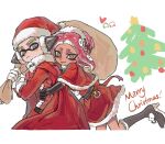  1boy 1girl agent_3_(splatoon) agent_8_(splatoon) black_gloves blue_eyes bright_pupils cape capelet chinese_commentary christmas christmas_tree closed_mouth dress elbow_gloves film_grain frown fur-trimmed_capelet fur-trimmed_dress fur-trimmed_footwear fur-trimmed_headwear fur-trimmed_sleeves fur_collar fur_trim gloves green_hair headgear highres holding holding_sack hug hug_from_behind inkling inkling_boy inkling_player_character long_sleeves medium_hair octoling octoling_girl octoling_player_character over_shoulder red_cape red_dress red_headwear redhead sack santa_costume santa_dress short_hair smile splatoon_(series) suction_cups tentacle_hair thenintlichen96 white_gloves white_pupils yellow_eyes 