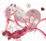  1girl absurdres ahoge arm_strap bright_pupils candy chocolate chyabsob djmax djmax_respect dress eyepatch fail_(djmax) food food_in_mouth heart heart-shaped_chocolate highres long_hair looking_at_viewer off-shoulder_dress off_shoulder red_eyes solo star_(symbol) thigh-highs twintails white_background white_dress white_pupils white_thighhighs 