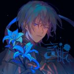 1boy artist_name bishounen black_background black_gloves black_hair black_shirt blue_eyes blue_flower blue_ribbon byleth_(fire_emblem) byleth_eisner_(male) chromatic_aberration closed_mouth collared_shirt commentary detached_collar expressionless eyelashes fire_emblem fire_emblem:_three_houses flower gloves high_collar highres holding holding_flower lily_(flower) lips long_sleeves looking_at_viewer male_focus ribbon shirt short_hair simple_background solo symbol-only_commentary upper_body yanmian_(printemps-noir)