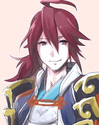  1boy ahoge fire_emblem fire_emblem_fates hair_between_eyes japanese_clothes light_smile male_focus pamm ponytail portrait red_eyes redhead solo subaki_(fire_emblem) 