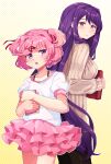  2girls blush bra_strap brown_sweater chiimako closed_mouth collarbone commentary_request doki_doki_literature_club eyelashes food hair_between_eyes hair_intakes hair_ornament hair_ribbon hairclip highres holding long_hair long_sleeves multiple_girls natsuki_(doki_doki_literature_club) pink_eyes pink_hair polka_dot polka_dot_background purple_hair red_ribbon ribbed_sweater ribbon shirt short_hair short_sleeves sidelocks simple_background smile sweater swept_bangs t-shirt tongue tongue_out triple_wielding turtleneck turtleneck_sweater two_side_up upper_body violet_eyes white_shirt x_hair_ornament yuri_(doki_doki_literature_club) 