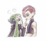  1boy 1girl agent_3_(splatoon) agent_8_(splatoon) angry black_cape cape closed_mouth eye_contact frown green_hair headgear high-visibility_vest index_finger_raised inkling inkling_girl inkling_player_character long_hair long_sleeves looking_at_another mohawk octoling octoling_boy octoling_player_character open_mouth pointing pointing_at_another puff_of_air red_eyes redhead short_hair simple_background splatoon_(series) splatoon_2 splatoon_2:_octo_expansion tentacle_hair thenintlichen96 white_background 
