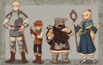  1girl 3boys ambrosia_(dungeon_meshi) armor beard blonde_hair boots brown_hair commentary dungeon_meshi dwarf elf english_commentary facial_hair falin_thorden full_body grey_background halfling highres holding holding_ladle holding_staff ladle laios_thorden long_beard long_hair long_sleeves looking_at_viewer marcille_donato multiple_boys plate_armor pointy_ears senshi_(dungeon_meshi) short_hair smile staff standing sword very_long_beard weapon 