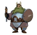  1boy axe beard belly borrowed_character dual_wielding dwarf facial_hair fantasy fat fat_man full_body green_hair holding holding_axe holding_shield liyamou long_beard long_mustache looking_at_viewer male_focus mature_male medium_hair original shield solo standing tachi-e 