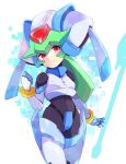  1girl armor commentary_request crop_top crotch_plate forehead_jewel green_hair helmet long_hair looking_at_viewer mega_man_(series) mega_man_zx model_w_(mega_man) pandora_(mega_man) power_armor red_eyes smile teto_(y3832) 