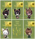  2boys 3girls ahoge animal_ears apron black_eyes black_hair brown_hair cat_ears cat_tail chibi diort faust_(project_moon) fox_tail heathcliff_(project_moon) limbus_company looking_at_viewer maid maid_headdress multiple_boys multiple_girls outis_(project_moon) parted_bangs project_moon ryoshu_(project_moon) tail violet_eyes wolf_ears wolf_tail yellow_eyes yi_sang_(project_moon) 