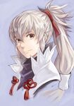  1boy brown_eyes fire_emblem fire_emblem_fates grey_hair hair_ribbon high_ponytail japanese_clothes looking_at_viewer male_focus nagao_uka portrait ribbon takumi_(fire_emblem) 