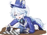  1girl :d absurdres ahoge ascot asymmetrical_gloves black_ascot black_gloves blue_eyes blue_headwear blue_jacket brooch chess_piece chessboard commentary_request drop-shaped_pupils fang furina_(genshin_impact) genshin_impact gloves hair_between_eyes hat highres holding holding_chess_piece hydro_symbol_(genshin_impact) jacket jewelry king_(chess) leaning_forward leaning_on_object leaning_on_table lingerain long_hair long_sleeves looking_at_viewer mismatched_gloves mismatched_pupils multicolored_hair no_heterochromia open_mouth shirt short_shorts shorts sidelocks simple_background sleeves_past_wrists smile solo streaked_hair table textless_version thigh_strap top_hat two-tone_hair very_long_hair vision_(genshin_impact) white_background white_gloves white_hair white_shorts white_trim_bow 