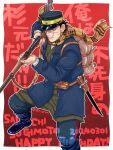  1boy arisaka birthday bolt_action boots coat gk_cofun golden_kamuy gun happy_birthday hat hat_over_one_eye highres kepi legs_apart looking_at_viewer male_focus military_hat official_style pointing_weapon rifle scar scar_on_cheek scar_on_face scar_on_nose short_hair solo sugimoto_saichi weapon 