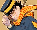  1boy adjusting_clothes adjusting_headwear birthday coat gk_jiro golden_kamuy hat kepi looking_at_viewer male_focus military_hat scar scar_on_cheek scar_on_face scar_on_nose short_hair smile solo sugimoto_saichi upper_body 