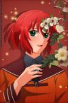  1girl blue_collar collar flower green_eyes hatori_chise highres jasmine_tea light_blush light_smile mahou_tsukai_no_yome red_sailor_collar redhead sailor_collar solo white_flower 