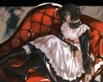  1girl apron black_dress black_eyes black_hair boots collared_dress couch dress expressionless highres machihazure original short_hair sitting solo white_apron 