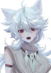  1boy ahoge animal_ears bishounen bone_necklace fangs genshin_impact highres long_hair male_focus open_mouth razor_(genshin_impact) red_eyes sannsyokuaisu simple_background solo upper_body white_background wolf_boy wolf_ears 