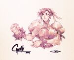  1girl bracelet breasts capcom character_name chun-li clenched_hand closed_mouth covered_nipples david_liu double_bun earrings fighting_stance hair_bun hair_ribbon highres huge_breasts jewelry looking_to_the_side monochrome pearl_earrings puffy_short_sleeves puffy_sleeves ribbon sepia serious short_hair short_sleeves signature simple_background solo spiked_bracelet spikes street_fighter toned upper_body white_background wind 