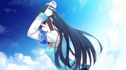  armband black_hair blue_eyes blue_vest clouds cloudy_sky highres krt_girls long_hair long_sleeves shirt sky smile vest xiao_qiong 