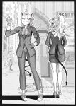  2girls absurdres back belt boots demon demon_girl demon_horns demon_tail gloves hand_in_pocket helltaker high_heels highres horns jacket justice_(helltaker) legs looking_at_viewer multiple_girls office_lady pandemonica_(helltaker) russian_text shirt skirt smile smug tail 