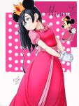  1girl 2023 animal_ears black_hair blue_eyes breasts cacto_art commentary disney dress earrings fake_animal_ears fake_tail gloves head_tilt highres humanization jewelry long_dress mickey_mouse_ears minnie_mouse mixed_media own_hands_clasped own_hands_together pink_dress puffy_short_sleeves puffy_sleeves reference_inset short_sleeves signature small_breasts solo tail tiara white_gloves 