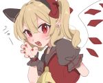  1girl alternate_costume animal_ears ascot blonde_hair cat_ears cat_girl claw_pose crystal_wings dress flandre_scarlet highres medium_hair open_mouth paragasu_(parags112) pointy_ears puffy_short_sleeves puffy_sleeves red_dress red_eyes red_nails short_sleeves side_ponytail solo touhou upper_body yellow_ascot 