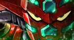  close-up colored_sclera getter_robo glowing green_eyes highres jazz_jack mecha mecha_focus no_humans portrait robot shin_getter-1 shin_getter_robo signature super_robot yellow_sclera 