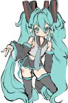  1girl aqua_eyes aqua_hair aqua_necktie aqua_trim black_thighhighs detached_sleeves grey_shirt hair_between_eyes hair_intakes hatsune_miku highres inkopico long_hair looking_at_viewer midriff necktie shirt sidelocks solo thigh-highs twintails v very_long_hair vocaloid white_background zettai_ryouiki 