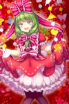  1girl arm_ribbon bow dress frilled_bow frilled_ribbon frills front_ponytail green_eyes green_hair hair_bow hair_ribbon highres hinamatsuri kagiyama_hina open_mouth puffy_short_sleeves puffy_sleeves red_background red_bow red_dress red_ribbon ribbon short_sleeves smile solo teeth tomo_takino touhou upper_teeth_only 