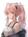  1girl animal_ear_fluff animal_ears arknights armor bare_shoulders black_jacket breastplate bright_pupils chinese_commentary closed_mouth commentary_request expressionless gravel_(arknights) hair_between_eyes headgear highres jacket long_hair looking_at_viewer messy_hair microphone off_shoulder orange_eyes pink_hair ponytail shirt sia_di_gou sidelocks sideways_glance simple_background sleeveless sleeveless_shirt solo upper_body white_background white_pupils white_shirt 