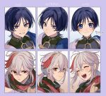  bandaged_arm bandages blue_eyes blush closed_eyes closed_mouth crossed_bangs genshin_impact grey_hair grin hair_between_eyes highres japanese_clothes kaedehara_kazuha male_focus mandarin_collar multicolored_hair multiple_boys multiple_views open_mouth oshi_taberu ponytail red_eyes redhead scaramouche_(genshin_impact) simple_background smile translation_request upper_body wanderer_(genshin_impact) 