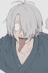  1boy blurry collarbone depth_of_field fangs gegege_no_kitarou grey_hair grey_kimono hair_over_one_eye highres japanese_clothes kimono kitarou_tanjou:_gegege_no_nazo long_tongue male_focus medama_oyaji_(human) messy_hair pectoral_cleavage pectorals short_hair signature small_pupils speech_bubble sub_45 teeth tongue tongue_out 