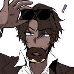  1boy 8ight arm_up brown_coat brown_hair coat collared_shirt dark-skinned_male dark_skin doughnut food heathcliff_(project_moon) highres limbus_company looking_at_viewer male_focus mouth_hold parted_bangs portrait project_moon scar shirt solo sweat violet_eyes white_shirt 