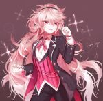  1girl alternate_costume artist_name black_coat black_hairband black_pants bolo_tie brown_background butler clenched_hands coat collared_shirt cowboy_shot elsword eternity_winner_(elsword) female_butler fleur-de-lis hairband hand_up highres laby_(elsword) long_hair long_sleeves looking_ahead looking_to_the_side necktie open_clothes open_coat open_mouth pants pink_eyes pink_hair pink_necktie pink_vest pinstripe_pants pinstripe_pattern shirt signature simple_background smile solo sparkle striped_clothes striped_pants striped_vest takano_jiyuu vertical-striped_clothes vertical-striped_pants vertical-striped_vest very_long_hair vest white_shirt wing_collar 