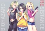  3girls backpack bag becca_woolett black_jacket black_pants blonde_hair blue_eyes blue_pants bracelet copyright_name glasses green_eyes grey_background gun hair_over_one_eye handgun highres holding holding_gun holding_walkie-talkie holding_weapon hood hoodie jacket january_van_sant jewelry multiple_girls nana_(kanaonet7) navel pants piercing resident_evil resident_evil:_resistance short_shorts shorts simple_background smile spray_can valerie_harmon walkie-talkie weapon yellow_hoodie 