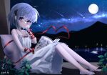  1girl absurdres arm_ribbon bare_shoulders blush book dress fei_(bell_fei) full_moon glasses hair_ornament highres holding holding_book kagari_(rewrite) looking_at_viewer meteor moon night night_sky pillow reading red_ribbon rewrite ribbon short_hair sky smile violet_eyes white_dress white_hair 