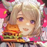  1girl :d animal_ears artist_name black_ribbon blonde_hair burger cat_ears cat_girl copyright_name earrings english_text fangs final_fantasy final_fantasy_xiv food guan_tang_baozi highres holding holding_tray jewelry light_blush looking_at_viewer maid maid_headdress miqo&#039;te mole mole_under_eye neck_ribbon paper ribbon short_hair smile solo tray violet_eyes warrior_of_light_(ff14) 