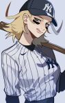  1girl 2024 absurdres baseball_bat baseball_cap baseball_uniform blonde_hair blue_eyes hat highres kingdom_hearts larxene porqueloin sneer sportswear white_background 