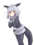  1girl absurdres animal_ears binturong_(kemono_friends) binturong_girl black_sweater bow bowtie extra_ears gloves grey_hair grey_skirt highres kemono_friends kuromitsu_(9633_kmfr) long_hair looking_at_viewer ribbon simple_background skirt solo sweater tail thigh-highs yellow_eyes 