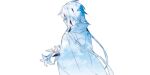  1girl blue_theme cloak facing_away flower hair_over_eyes highres holding holding_flower lily_(flower) long_hair original pointy_ears simple_background sky solo standing upper_body white_background wmikawa 
