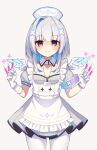  1girl amane_kanata amane_kanata_(nurse) angel angel_wings bandaged_arm bandages blue_hair colored_inner_hair dress fragir gloves grey_hair hair_intakes hat highres holding holding_syringe hololive id_card looking_at_viewer medium_hair multicolored_hair nurse nurse_cap official_alternate_costume pantyhose pink_hair smile solo syringe violet_eyes virtual_youtuber white_dress white_gloves white_headwear white_pantyhose wings 