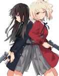  2girls back-to-back bare_legs black_bow black_bowtie black_dress black_hair blonde_hair blue_eyes bow bowtie clenched_teeth collared_dress dress grey_skirt grin gun hair_ribbon handgun highres holding holding_gun holding_weapon horoda_(user_wfaw4827) inoue_takina long_hair long_sleeves looking_at_viewer lycoris_recoil lycoris_uniform multiple_girls nishikigi_chisato parted_lips pleated_skirt profile red_dress red_eyes red_ribbon ribbon short_hair simple_background skirt smile standing teeth weapon weapon_request white_background 