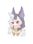  1boy absurdres animal_ears bone_necklace chibi closed_mouth cosplay cyno_(genshin_impact) cyno_(genshin_impact)_(cosplay) fake_animal_ears genshin_impact highres hood long_hair male_focus o_koge_(user_nusr3727) razor_(genshin_impact) red_eyes simple_background solo white_background white_hair 
