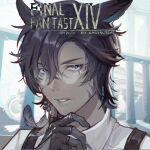  1boy animal_ears artist_name black_gloves black_hair cat_boy cat_ears colored_skin copyright_name english_text facial_mark feather_hair_ornament feathers final_fantasy final_fantasy_xiv fingerless_gloves glasses gloves grey_skin guan_tang_baozi hair_ornament hand_on_own_chin male_focus miqo&#039;te parted_lips round_eyewear shirt short_hair solo upper_body violet_eyes warrior_of_light_(ff14) whisker_markings white_shirt 