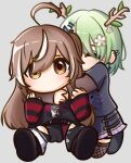  2girls ahoge antlers brown_eyes brown_hair ceres_fauna chibi commission derivative_work ear_piercing earrings fishnet_thighhighs fishnets flower green_hair hair_flower hair_ornament highres hololive hololive_english horns hug hug_from_behind jewelry moon_ldl multicolored_hair multiple_girls nanashi_mumei nanashi_mumei_(4th_costume) nightmare_(nanashi_mumei) piercing shirt streaked_hair striped_clothes striped_shirt thigh-highs two-tone_hair virtual_youtuber white_hair 